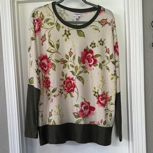 LuLaRoe  Tammy Cream Floral Scoop Neck Sweater with Olive Accents